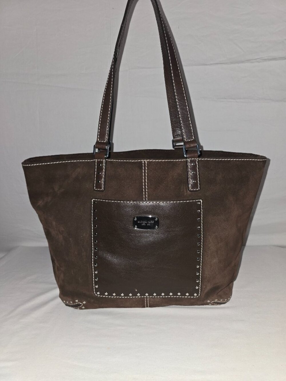 Michael Kors Astor Large Studded Chocolate Brown Suede & Leather Shoulder Tote